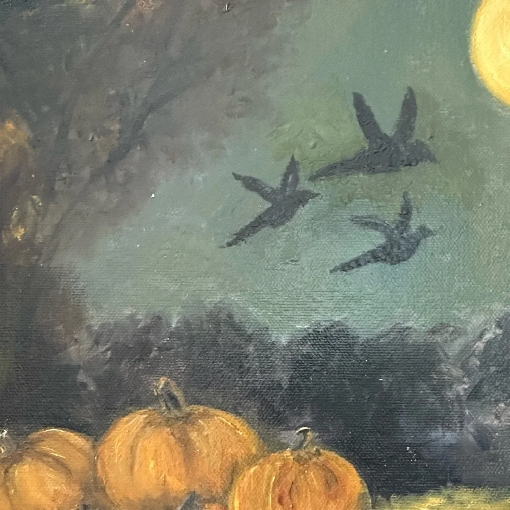 OIL PAINTING Harvest Moon Crow And Pumpkin Art Reclaimed Barn-wood Holiday Fall - Picture 5 of 10